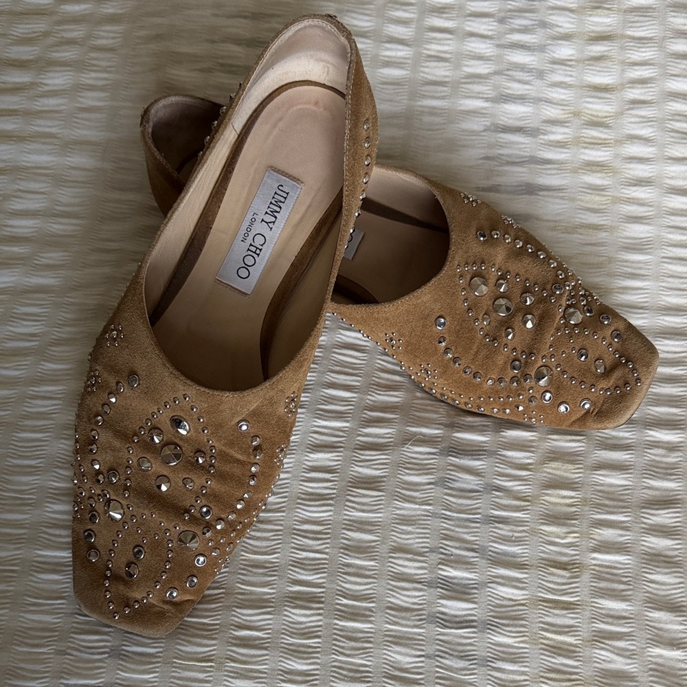 Jimmy Choo Tan Suede Crystal-Embellished Flats